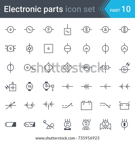 Complete vector set of electric and electronic circuit diagram symbols and elements - generator, batteries, DC power supplies and three-phase generator
