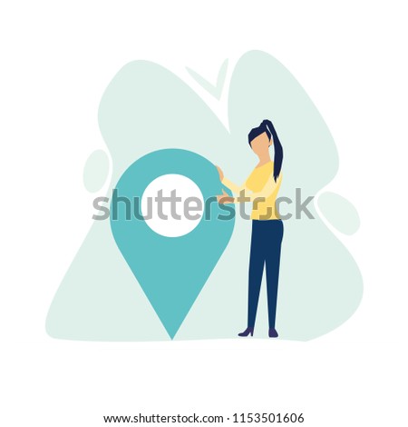 Businesswoman is standing close to big map pointer. Our office location. Vector illustration in flat cartoon style.