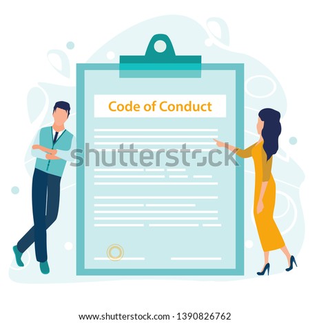 Code of Conduct. Business ethics. Business man and woman looking on a document on a clipboard paper. Concept of ethical integrity value and ethics. Vector illustration in a flat cartoon style.