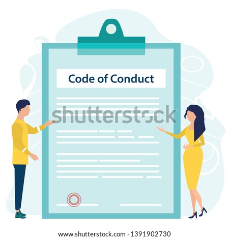 Code of Conduct. Business ethics. Business man and woman looking on document on a clipboard paper. Concept of ethical integrity value and ethics. Vector illustration. Flat cartoon style.