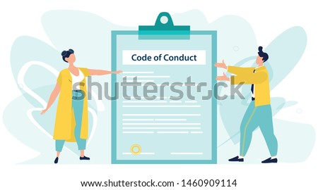 Code of Conduct. Business ethics. Business man and woman looking on document on a clipboard paper. Concept of ethical integrity value and ethics. Vector illustration. Flat cartoon style. Сток-фото © 