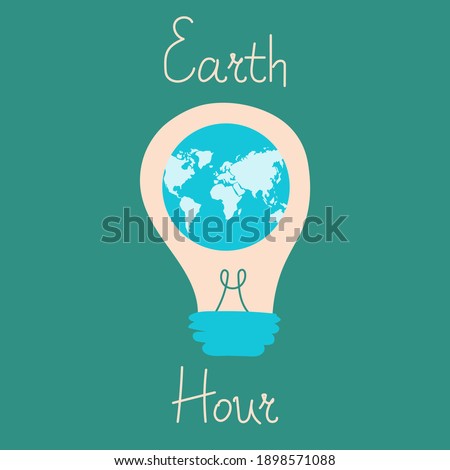 Earth hour on March 28, 2021. Save our planet. Lightbulb and Earth Hour inscription. Planet Day. Vector illustration in a flat cartoon style. Saving electric energy. Trendy color.