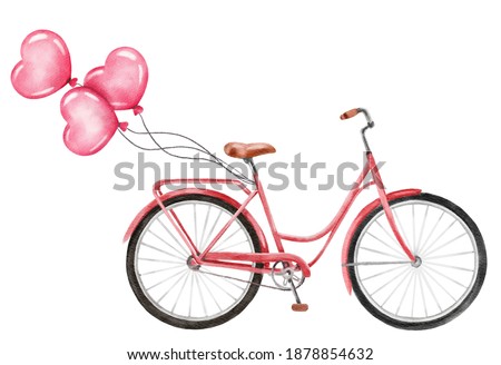 A bicycle with a basket of hearts and balloons in the shape of a heart. Valentine's day and love.  Illustration for a postcard or a poster.