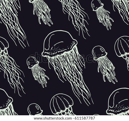 seamless pattern with contour of jellyfishes on dark background