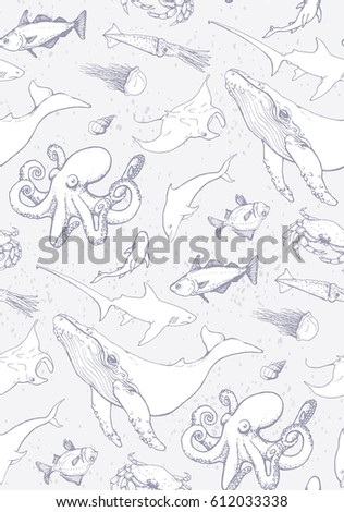 seamless pattern with sea animals on colored in light  blue background. octopus, humpback, dolphin, seashell, fish, batoidea, crab