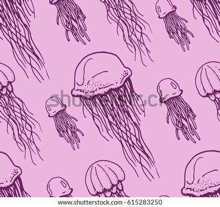 seamless pattern with contour of jellyfishes on rose background