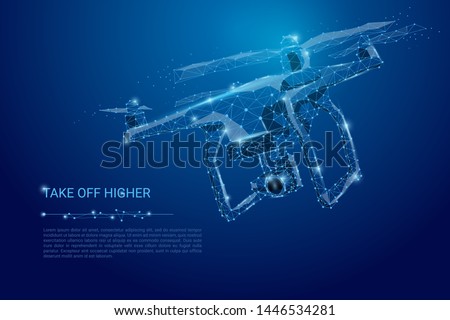 Abstract line and point drone. Drone flying with action video camera on dark blue. Polygonal low poly background with connecting dots and lines. Vector illustration connection structure.