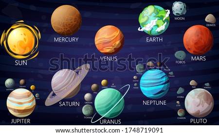 Planets and satellites. Solar system. Vector design. Stock illustration.