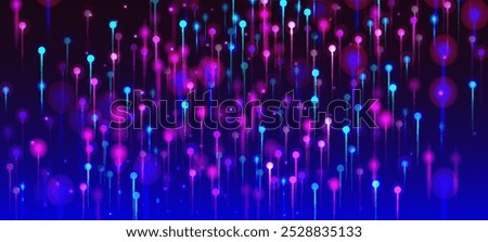 Blue Pink Purple Modern Background. Artificial Intelligence Big Data Ethernet Futuristic Wallpaper. Network Technology Banner. Vivid Light Pins Elements. Fiber Optics Social Science Light Pins.