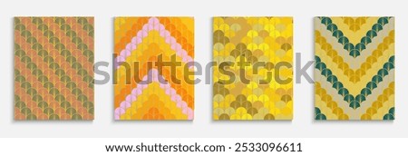 Asian Golden Fan Funky Cover Set. Geometric Stripes Folder. Music Dynamic Retro Fabric Backgroud. Chinese Ancient Layout Set. Bright Color Retro A4 Print. Traditional Kimono Pattern.