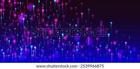 Blue Pink Purple Modern Background. Bright Light Pins Particles. Network Scientific Banner. Artificial Intelligence Big Data Ethernet Technology Wallpaper. Social Science Fiber Optics Light Pins.