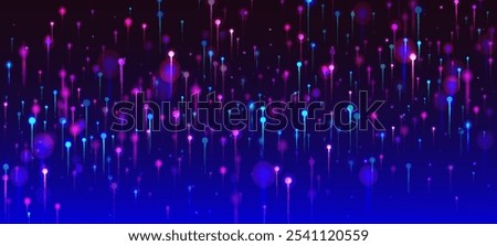 Purple Pink Blue Modern Wallpaper. Network Scientific Banner. Vivid Light Glow Particles. Big Data Artificial Intelligence Ethernet Futuristic Background. Fiber Optics Social Science Light Pins.