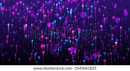 Purple Pink Blue Modern Wallpaper. Bright Light Glow Particles. Big Data Artificial Intelligence Ethernet Technology Background. Network Scientific Banner. Fiber Optics Social Science Light Pins.