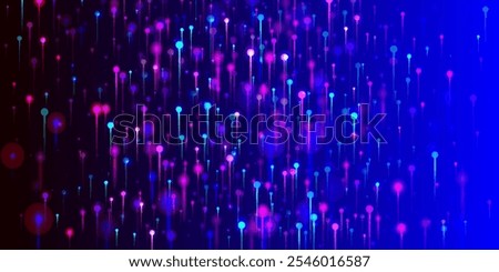 Pink Blue Purple Abstract Wallpaper. Bright Light Nodes Elements. Big Data Artificial Intelligence Ethernet Futuristic Background. Network Technology Banner. Fiber Optics Social Science Light Pins.