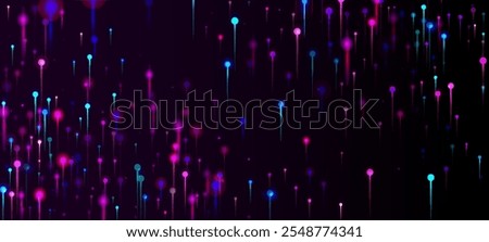 Blue Purple Pink Modern Background. Network Technology Banner. Artificial Intelligence Big Data Ethernet Futuristic Wallpaper. Neon Light Rays Particles. Fiber Optics Social Science Light Pins.