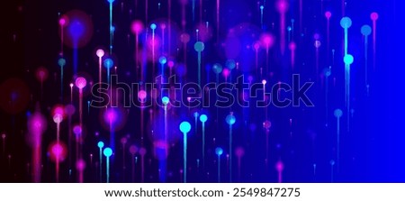 Blue Purple Pink Abstract Wallpaper. Network Scientific Banner. Vivid Light Nodes Particles. Big Data Artificial Intelligence Ethernet Futuristic Background. Social Science Fiber Optics Light Pins.