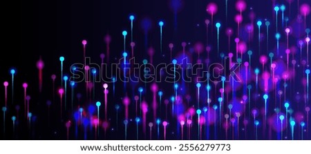 Blue Pink Purple Modern Wallpaper. Bright Light Rays Particles. Artificial Intelligence Big Data Internet Futuristic Background. Network Scientific Banner. Social Science Fiber Optics Light Pins.