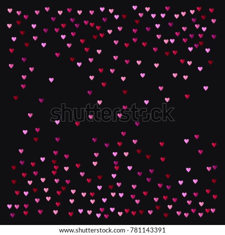 Valentine Pattern, Vector Romantic Heart Background. Falling Down or Flying, Showering Sparkling Pink, Red Hearts. Cool Romantic Festive Magic Garland. Tender Valentive Pattern, Minimal Banner Design.