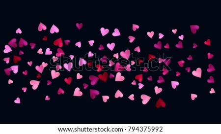 Valentine Pattern, Vector Romantic Heart Background. Falling Down or Flying, Showering Sparkling Pink, Red Hearts. Cool Romantic Festive Magic Garland. Tender Valentive Pattern, Minimal Banner Design.