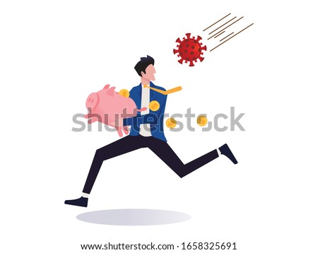 Stock market panic sell from novel corona virus, risk off or investor sell all their assets concept, businessman holding piggy bank with dollar coins running away from COVID-19 Coronavirus pathogen.