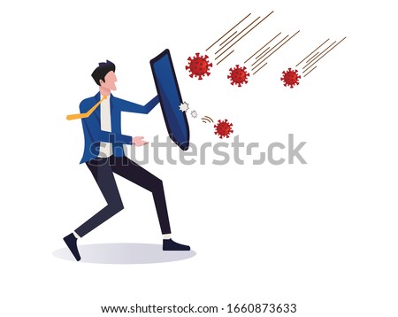 COVID-19 Coronavirus protection and quarantine or business risk prevention from novel virus outbreak concept, businessman holding knight shield to protect from COVID-19 Virus pathogens