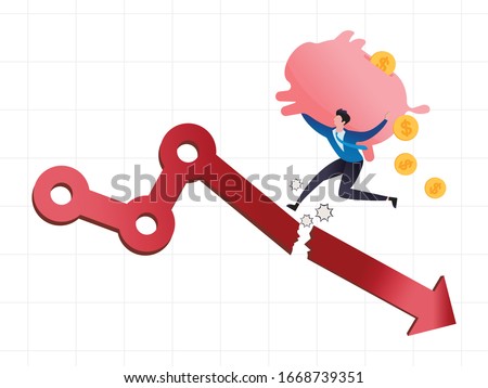 Stock market panic sell, investor sell all assets and run away from financial crisis concept, businessman investor holding piggy bank run away on broken red plunging drop stock market graph and chart.