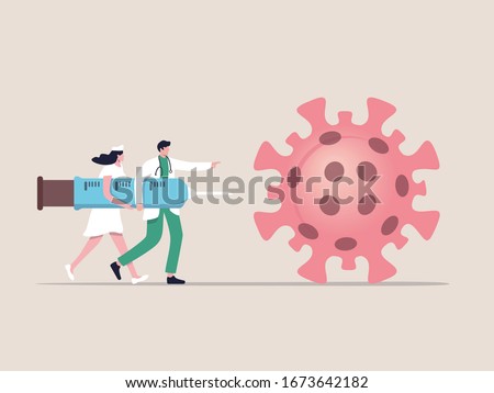 COVID-19 Virus Vaccine, syringe injection, prevention, immunization, cure and treatment for coronavirus infection, doctors carrying big syringe injecting COVID-19 Virus pathogen.