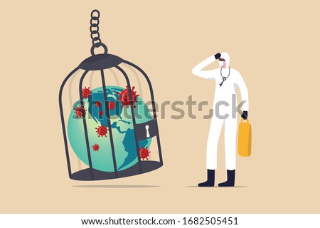 US lockdown to stop COVID-19 Coronavirus outbreak spreading crisis concept, planet earth globe shape with United State of America map lockdown in cage with COVID-19 virus pathogen by medical worker.