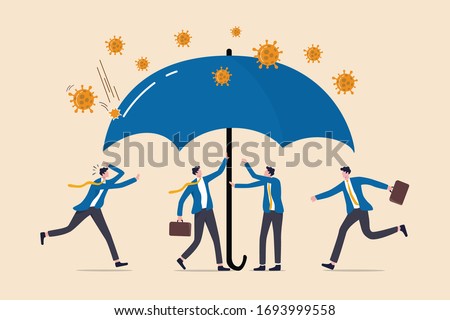 Coronavirus protection safe zone, COVID-19 insurance coverage or government policy to help business in Coronavirus crisis, businessmen people help to cover under umbrella to protect from Coronavirus.