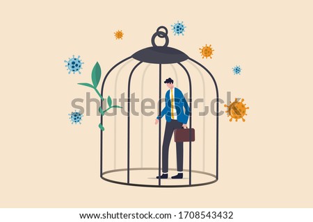 Coronavirus COVID-19 lockdown impact business, economy and employment, self quarantine in Coronavirus crisis concept, sad businessman depress standing in cage with virus pathogen.