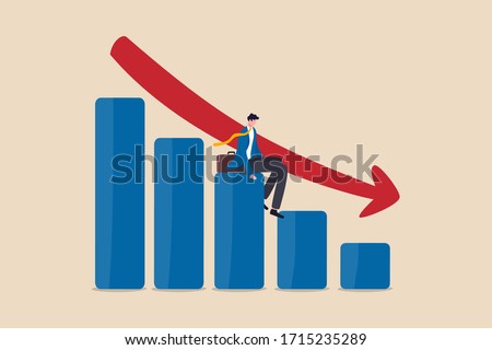 Economic recession, financial crisis or stock market crash due to COVID-19 Coronavirus pandemic concept, unemployed businessman investor or business owner sitting on falling down bar graph, red arrow.