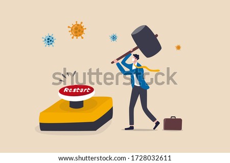Restart business after Coronavirus COVID-19 lockdown, reopen company employee return to normal operation concept, businessman leader wearing face mask use huge hammer to hit emergency restart button.