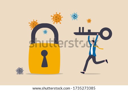 Unlock or reopen COVID-19 Coronavirus lockdown, restart business as usual to restore economic recession after Coronavirus crash concept, businessman leader holding key to unlock and reopen business.