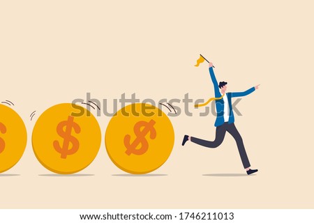 Cash flow, investment fund flow, fund raising, bank loan or financial activity to making money or profit concept, Businessman leader or investor holding flag control flow of money Dollar coins.