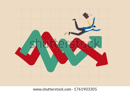 Financial investment volatility, uncertainty or change in business and stock market due to Coronavirus crisis concept, businessman investor fall on uncertainty, volatile up and down arrow profit graph