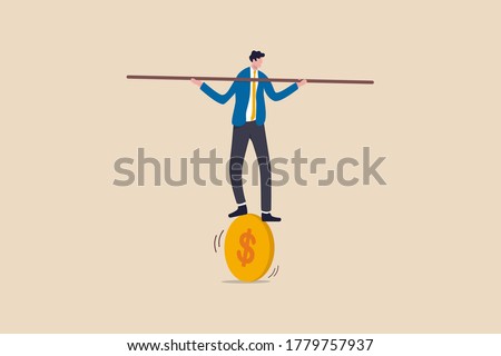 Financial and business risk, banking loan and debt risk, stability or balance of economics and investment or risk for losing job concept, businessman balancing not to fail from walking on golden coin.
