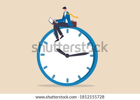 After hours worker, working late overtime or career that work in different time concept, confident businessman using computer laptop sitting on clock working at night with colleague in other country.