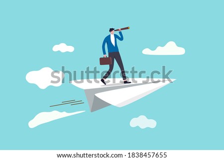 Business vision to see opportunity or strategy, discovery or visionary to look forward in business concept, confidence businessman leader on flying high paper plane looking forward through telescope.