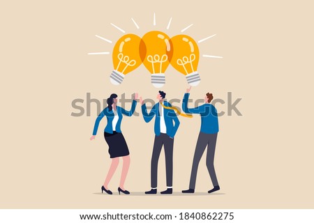 Sharing business ideas, collaboration meeting, sharing knowledge, teamwork or people thinking the same idea concept, smart thinking businessmen people office workers team up share lightbulb lamp idea. Foto d'archivio © 
