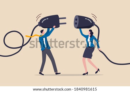 Business partnership, teamwork collaboration or work meeting and discussion to get solution concept, smart businessman and businesswoman, office people holding electric plug to connecting business.