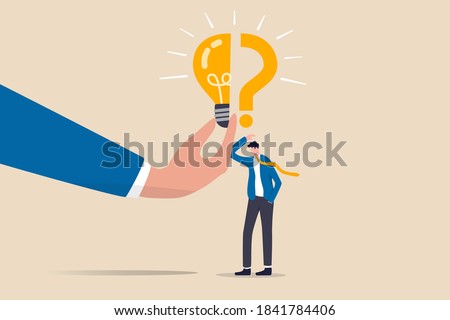 Business problem, idea, decision making and solution, job and career path concept, confusing businessman stand with question mark sign then helping hand put half of lightbulb lamp for bright solution.