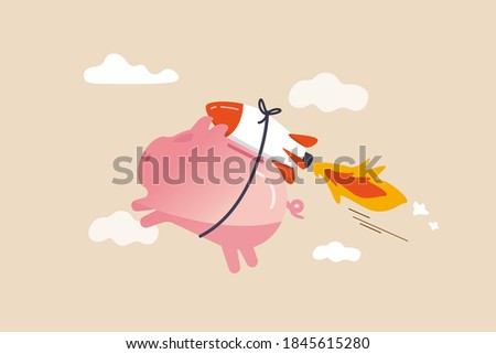 Boost saving and get higher return, solution to fix personal finance problem, pay for loan, mortgage and tax or best pension funds concept, pink piggy bank flying with rocket booster or firework.
