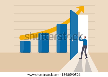 Business success secret, idea to growing business and achieve target concept, smart businessman open the door on high profit bar graph and rising arrow chart to enter and see how to improve.