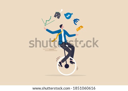 Financial advisor, professional investment expertise concept, smart businessman investor juggling finance asset, real estate, currency, gold, saving and stock market graph riding unicycle one wheel.