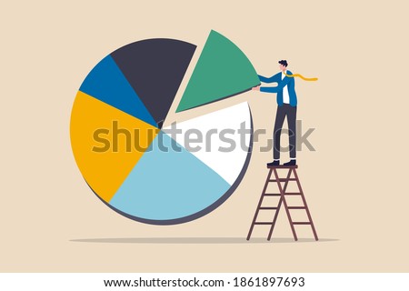 Investment asset allocation and rebalance concept, businessman investor or financial planner standing on ladder to arrange pie chart as rebalancing investment portfolio to suitable for risk and return