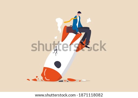 Fail start up business, new business risk or unexpected entrepreneur bankruptcy concept, depressed businessman company owner sitting on crash launching space rocket metaphor of new business failure.