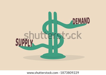 Demand and supply, economic model of price determination in a capital market concept, US dollar money sign with arm metaphor of balancing the word demand on the right and supply on the left.