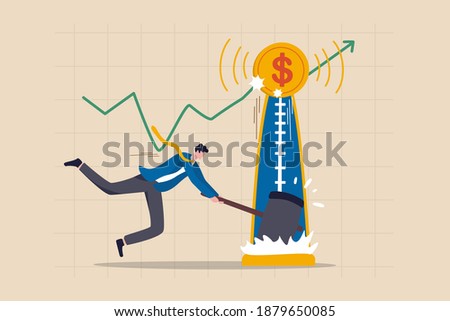 Investment asset price hit all time high, market rising, stock, crypto currency or gold price rally concept, businessman investor with hammer hit hard on strength tester to reach it top new high graph