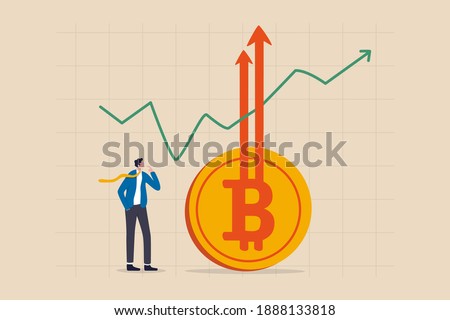 Bitcoin BTC price soaring sky high hit new high record concept, businessman investor look high at rising up arrows from Bitcoin symbol with green chart and graph.