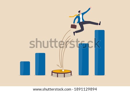 Business challenge, revenue rebound and recover from economic crisis or earning and profit growth jump from bottom concept, strong businessman jumping from trampoline back to top of growing bar graph. Stock foto © 
